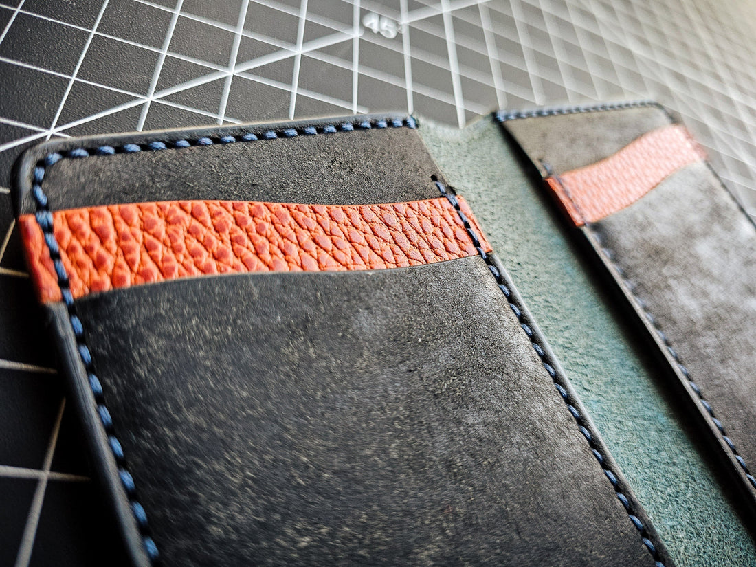 Handmade bifold wallet components displayed during construction, illustrating structure, organization, and carry behavior.