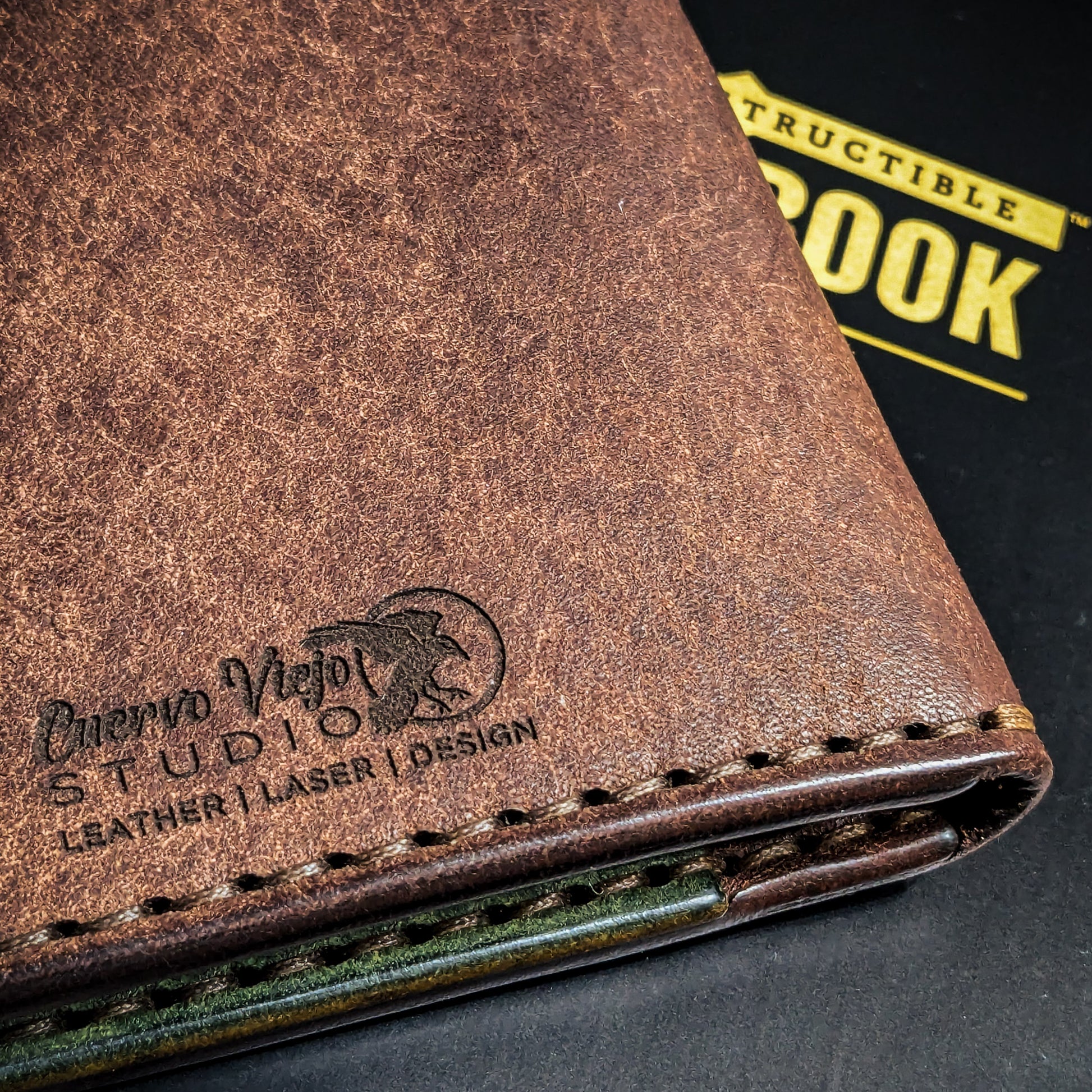 Maker's mark and edge finishing detail on Old Crow leather Field Notes cover