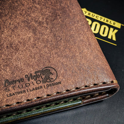 Maker's mark and edge finishing detail on Old Crow leather Field Notes cover