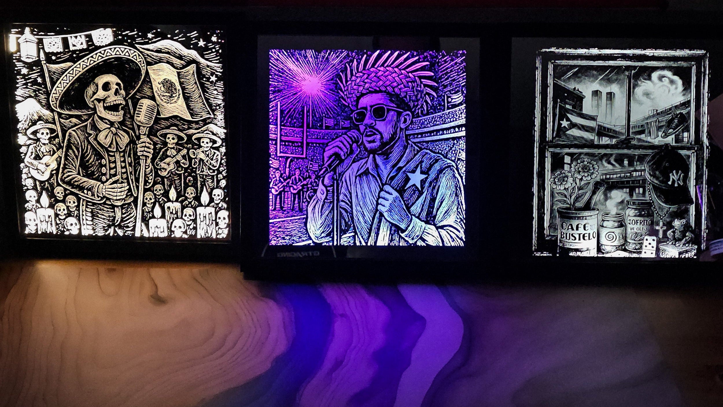 Collection of illuminated engraved mirrors exploring diaspora, memory, performance, ritual, and cultural identity through carved imagery and light.