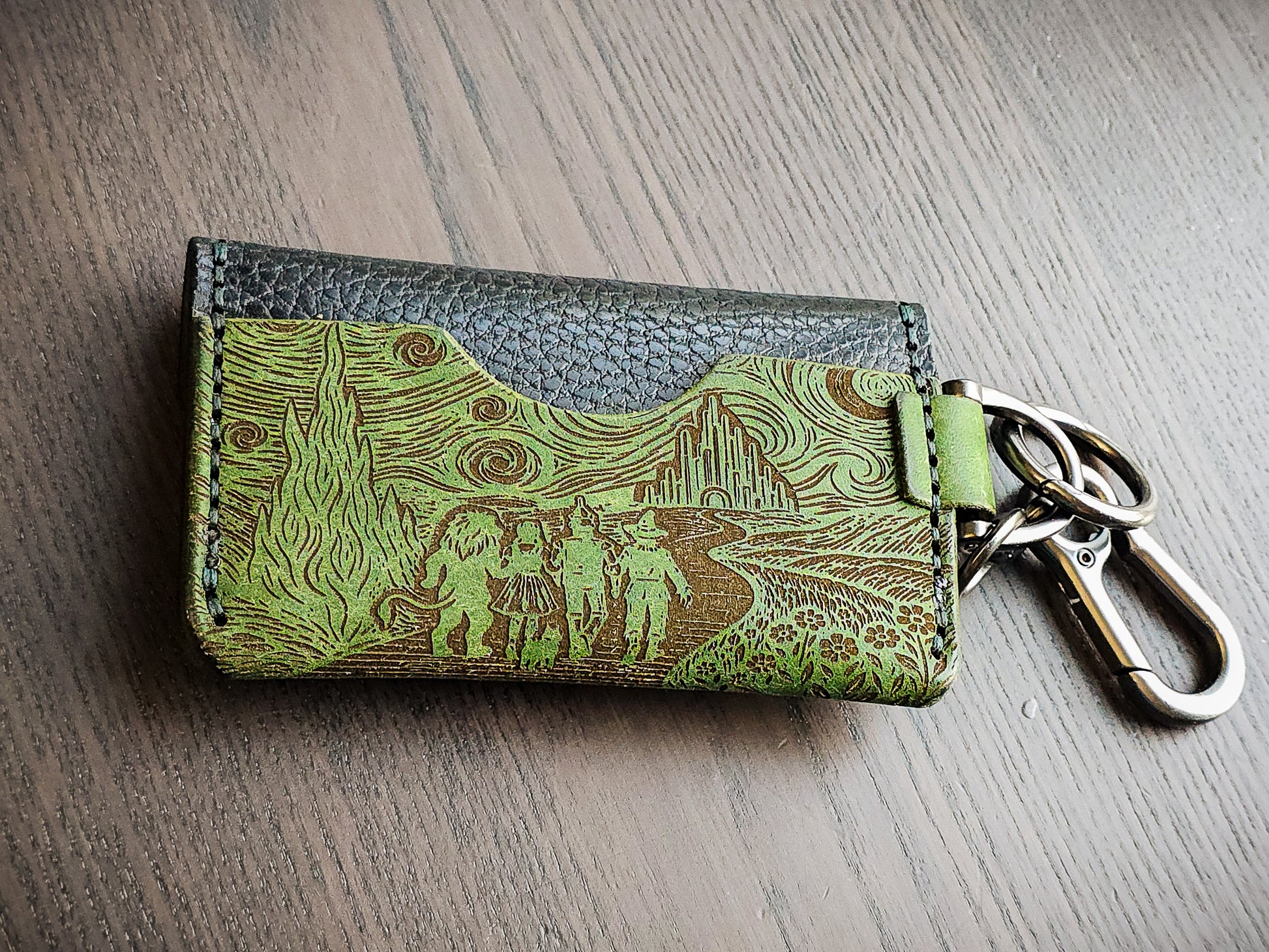 Back view of Latchkey leather keychain wallet with engraved pattern