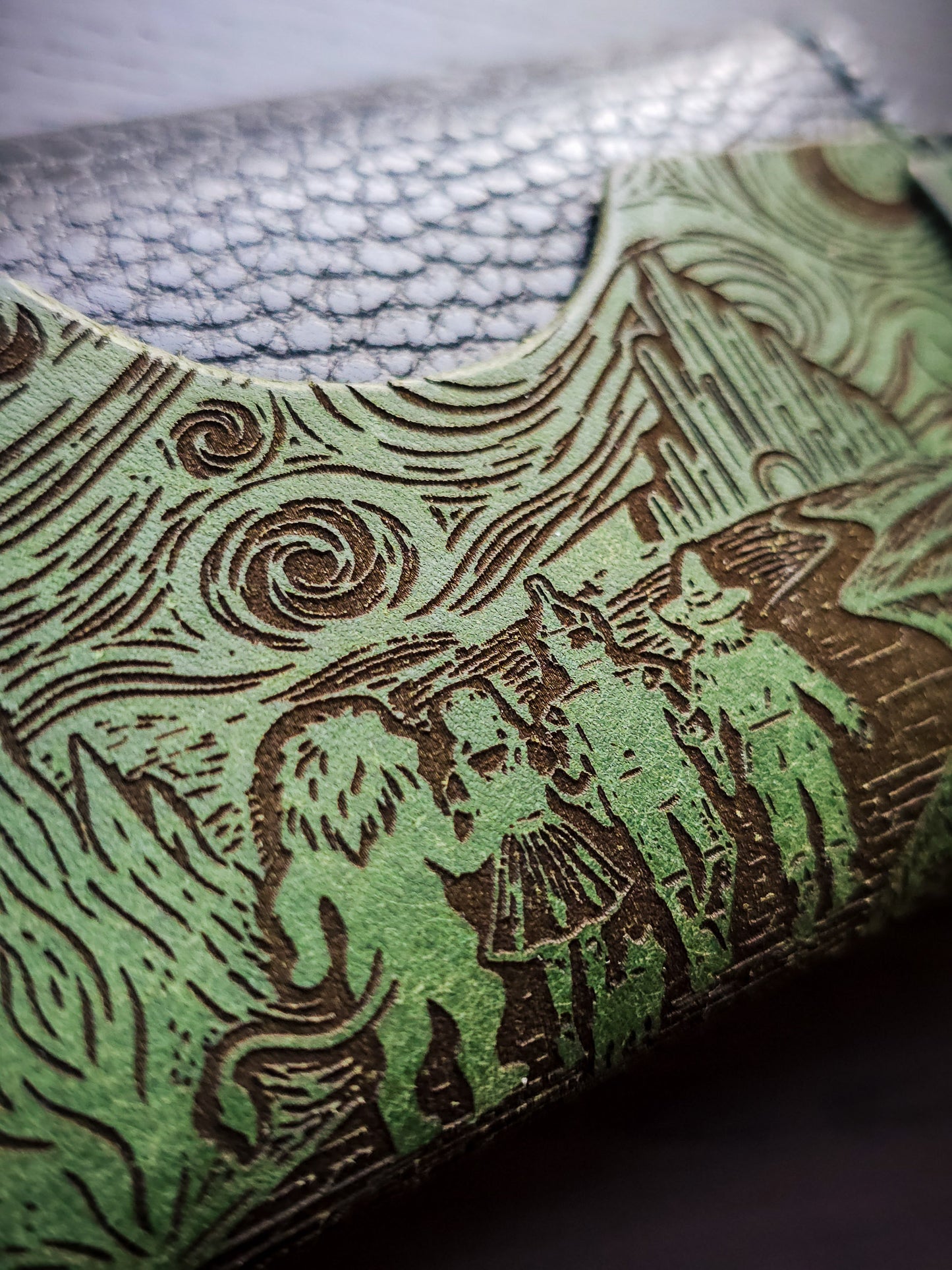 Engraved surface detail on Latchkey leather keychain wallet